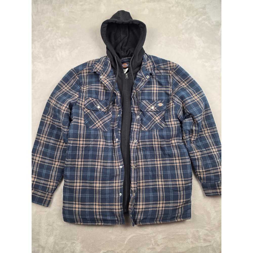Dickies Hooded Flannel Shirt Jacket Mens Medium Blue Plaid Quilted Lined Zip Up